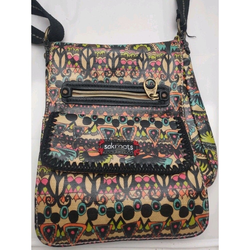 Sakroots Peace Crossbody Bag Small Messenger Black and Neon